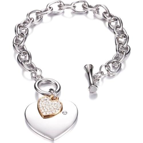 Big Double Crystal Heart Charms bracelet For Women Punk Trendy Big Gold Color Chain Bracelet New Fashion Jewelry Gifts 2019