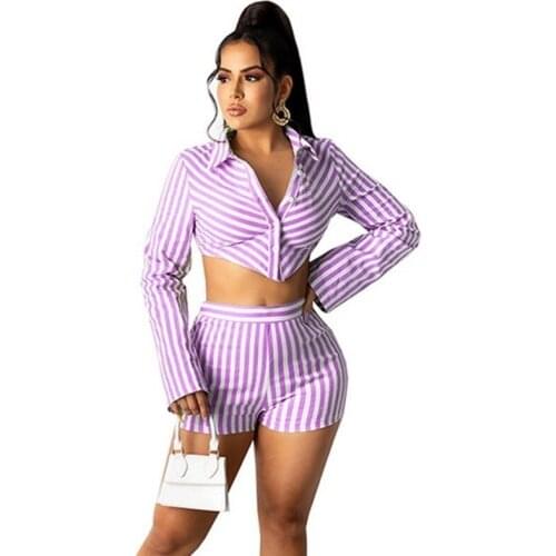 Casual Women Striped Two Piece Set Spring Summer Long Sleeve Crop Top Biker Shorts Suit Female Elegant Leisure 2 Piece Outfits