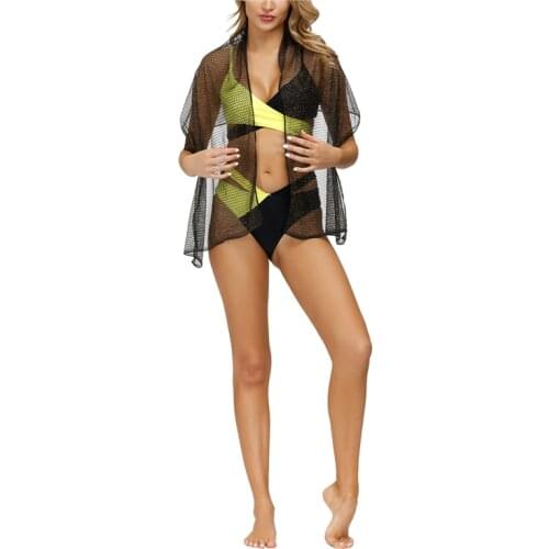 2021 Women Split Swimsuit Set Contrast Color V-neck Bikini+Panties+See-through Mesh Cover Ups Swimming Suit Beachwear