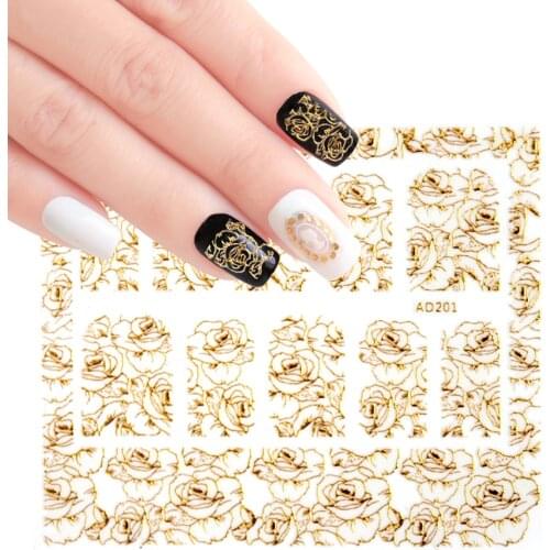 1 pcs 3D Gold Nail Sticker Golden Flowers Rose Bronzing Sliders Wraps Adhesive DIY Nail Art Decoration Manicure Tips LAAD201-212