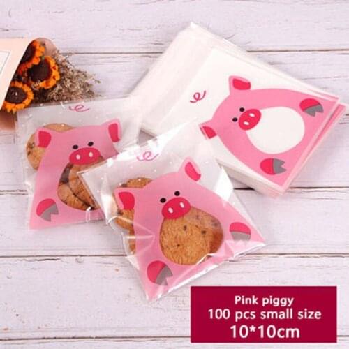 100pcs Cookies Self Adhesive Packaging Bag White Background Transparent Pink Pig Soap Biscuits Wedding Birthday Party Gift Bag