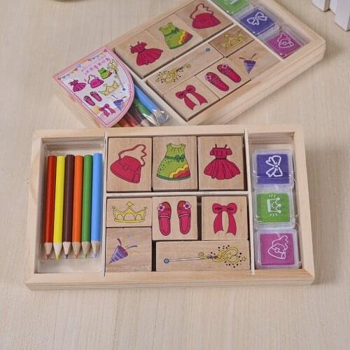 16Pcs Girls Wood Stamps DIY Wooden Rubber Stamp Rose Flower Letters Diary Craft Card Stamps Set For Scrapbooking