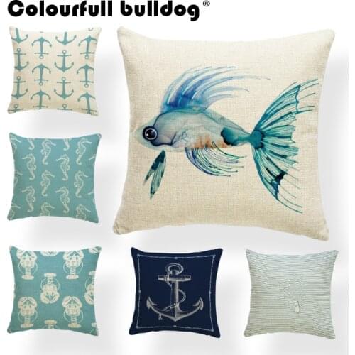 Coastal Cushion Cover Geometry Japan Ukiyo-E Fish Pillow Covers Shabby Chic Farmhouse Decorator Throw Pillow 43X43Cm Linen Cheap