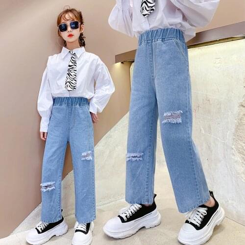 5-11 Y Teen Girls Jeans 2021 Spring New Casual Loose Fashion Denim Pants For Girl Korean Hole Children Wide Leg Jeans Trousers