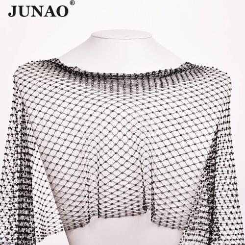 JUNAO 1 Meter Glitter Black AB Sewing Crystal Mesh Rhinestones Fabric Glass Trim Stretch Strass Applique for Dress Decoration