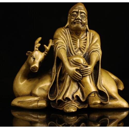 4"Chinese Folk Collection Old Bronze Dharma statue Sitting deer statue Lohan Office Ornaments Town House Exorcism