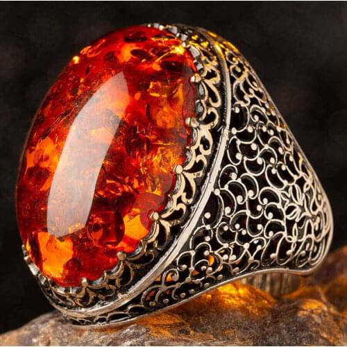 Big Synthetic Amber Gemstone Ring 925 Sterling Silver Vintage Ottoman Motif Ring Heavy Men Ring Quality Fashionable Ring