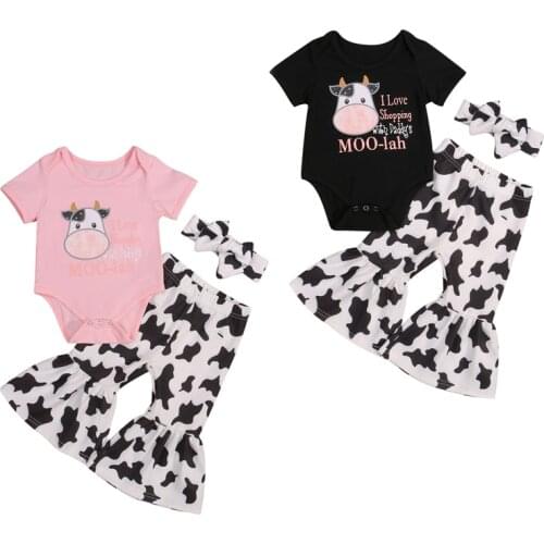 FOCUSNORM 0-24M Newborn Baby Girls Clothes Sets 3pcs Cow Letter Printed Short Sleeve Romper Tops Flare Pants