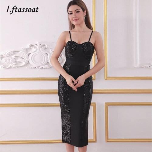 Lftassoat New Summer Women Sequins Mini Bodycon Bandage Dress Sexy Spaghetti Strap Club Celebrity Runway Party Dresses Vestidos