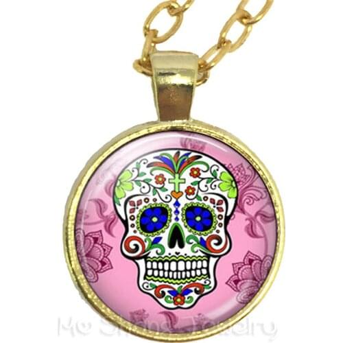 Mexico Candycolor Skeleton Necklace Glass Dome Time Gem Hot Sale Sweater chain Jewelry For Women Day of the Dead Gifts