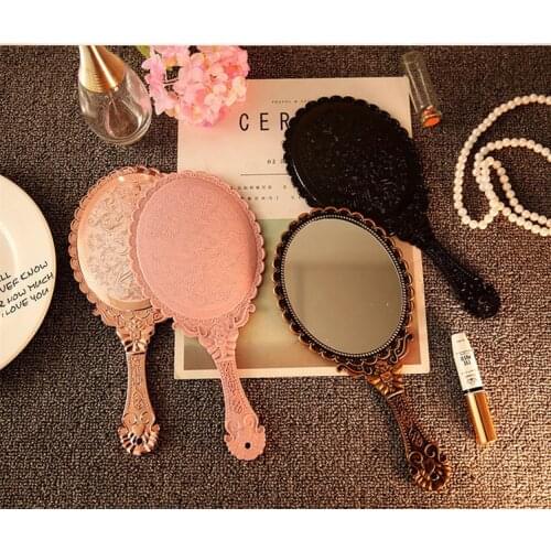CSHOU109 Mini Portable Vintage Mirror Handhold Makeup Mirror Pink Floral Oval Round Cosmetic Hand Held Mirror With Handle For
