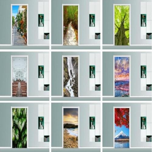 Door Sticker Natural Scenery Waterfall Flower Art 3D Wallpaper Self-Adhesive Vinyl Decal Landscape for Home Decoration Poster