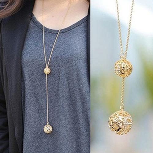 New Women Rhinestone Sweater Necklace Lucky Hollow Balls Pendant Long Chain Necklace For Women Fashion Jewelry Gifts