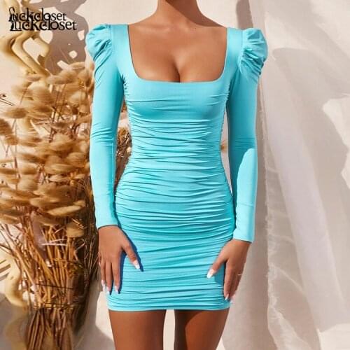 Autumn New Sexy Backless Dress Sequare Neck Ruched Bandage Long Sleeve Dress Bpdycon Bandage Womens Hip-covered Dress