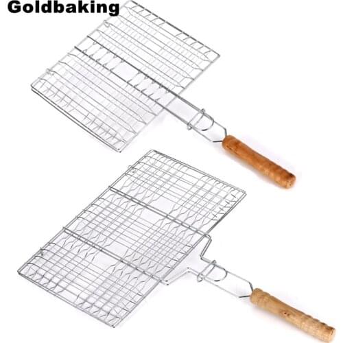 Goldbaking Portable BBQ Grilling Basket Stainless Steel Nonstick Barbecue Grill Basket Tools Grill Mesh for Fish Hamburger