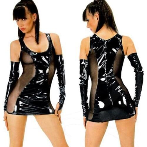 Sexy Black Mesh Patchwork Mini Vinyl Dresses Wetlook Latex Leather Clubwear Club Transparent Night Sleeveless Dress with Gloves
