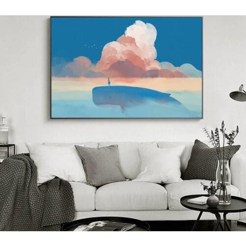Nordic Beautiful Sky Sea Whale Canvas Painting Wall Art Posters and Prints Landscape Abstract Picture for Living Room Hoem Decor