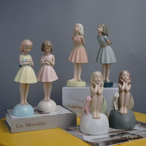 Nordic Resin Statue Home Decor Cat and Little Girl Indoor Figurines for Interior Decoration Desktop Accessories New 2021
