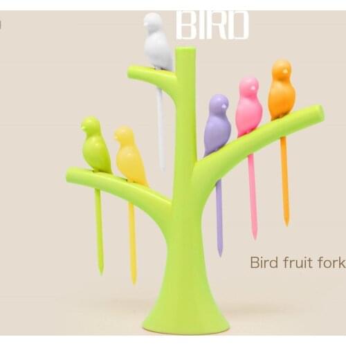 Tableware Dinnerware Sets Creative Tree Birds Design Plastic Fruit Forks 1 Base And 6 Forks 2020 Hot Sale Vegetable Fork