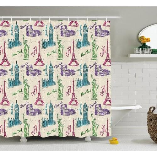 City Shower Curtain Big Ben Eiffel Tower Statue of Liberty Colosseum Doodle Sketch Tourist Attractions Waterproof Bath Curtains