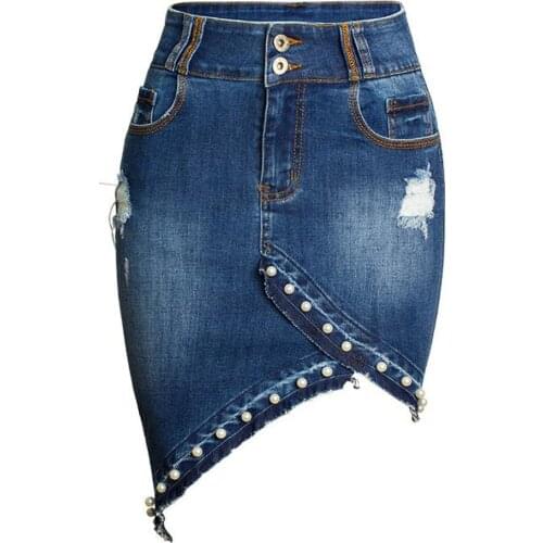 Plus Size Stretch Denim Skirt Women Summer Irregular Hem Embellishes Pearls Asymmetrical Skirt Bodycon Jean Skirts Short Jeans