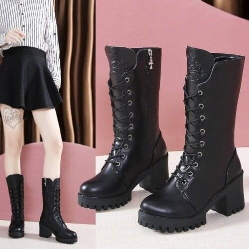 Autumn Shoes Woman Mid Calf Boots Winter Casual Platform Block High Heels Boots Female Lace Up Zipper Ladies Leisure 2021 shoes