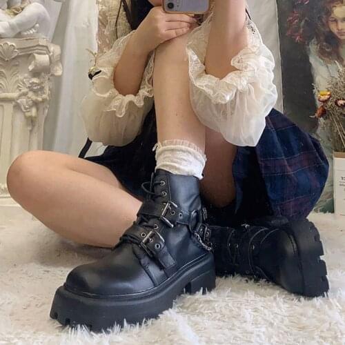 Rosetic Gothic Lolita Style Leather Boots Women Punk Chain Buckle Black Harajuku Boots High Heel Platform School Autumn WInter