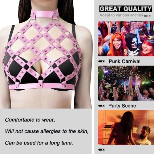Goth Women Sexy Leather BDSM Body Harness Erotic Cage Bra Suspender Lingerie Hanging Neck Chest Stitching Grid Tops Adjustable