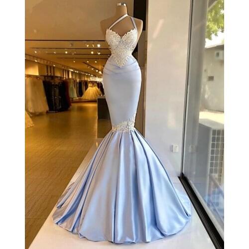 Elegant Sky Blue Satin Mermaid Evening Dresses 2021 One Shoulder White Lace Plus Size Formal Prom Dubai African Prom Party Gowns