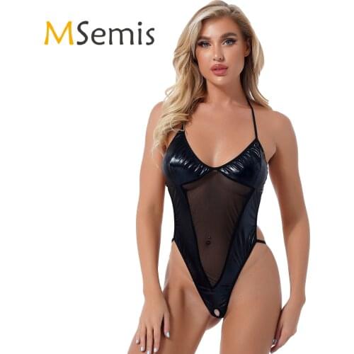 Womens Lingerie Crotchless Bodysuit Wetlook Faux Leather High Cut Lace-up See-through Mesh Patchwork Sexy Nightwear Underwear
