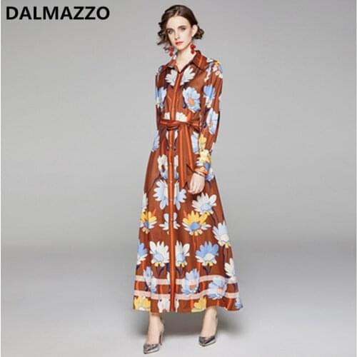 Retro Print Women Single-Breasted Shirt Sleeve Long Dress 2020 New Autumn Ladies Large Size Runway Lacing Clothes Vestidos Femme
