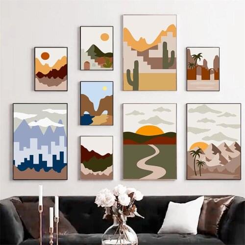 Abstract Sun Moon Star Wall Art Poster Cactus Coconut Tree Art Print Boho Mountain River Architecture Canvas Painting Home Decor