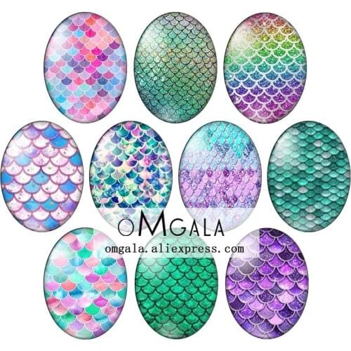 Shiny Gliter Fish Scale Patterns 10pcs mixed 13x18mm/18x25mm/30x40mm Oval photo glass cabochon demo flat back Making findings