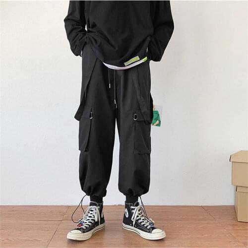 Cargo Pants Men Korean Trendy Loose Plus Size Black Overalls Safari Style Elastic Waist Pants With Pocket