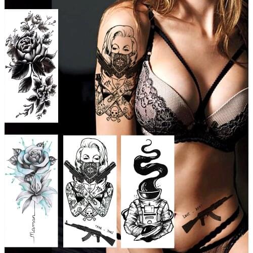 Black Folwer Gangster Temporary Tattoo Sticker Fake Cool Firearms Waterproof Tatoo Decal For Women Men Body Art Tatoo Decoration