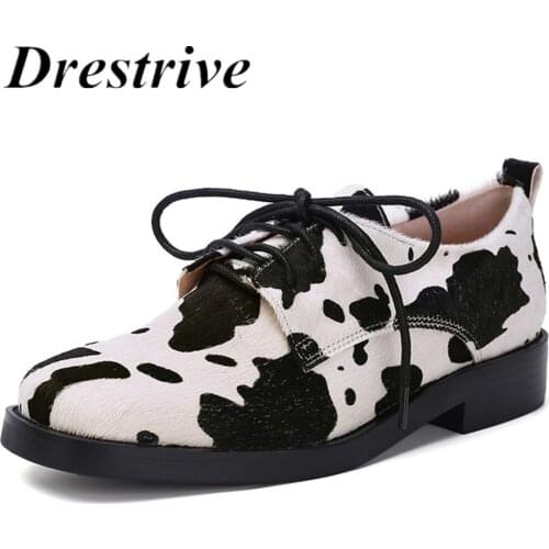 Drestrive Horsehair Women Pumps Milk Cow Pattern Lace Up Low Heel Round Toe Girls Casual Shoes Black 2020 Spring Real Fur