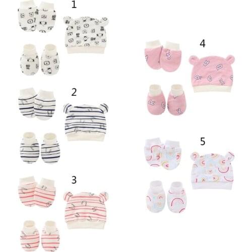 Baby Infants Anti Scratching Cotton Gloves+Ears Hat+Foot Cover Set Newborn Mittens Socks Beanies Cap Kit