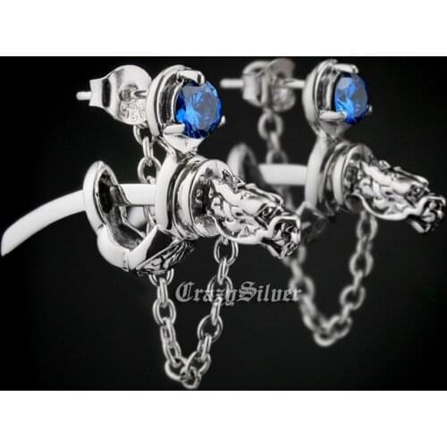 LINSION 925 Sterling Silver Dragon Japanese katana CZ Stone Mens Biker Rock Punk Stud Earring 8M109