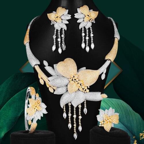 Blanchette Fashion Gorgeous Big Flower 4 PCS Female Noble Wedding Banquet Necklace Set Africa India Worship Zircon Jewelry