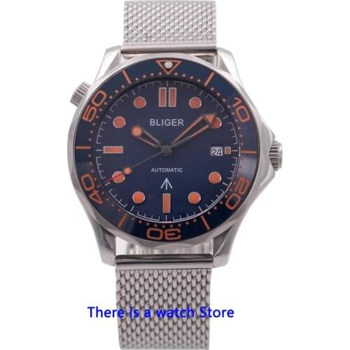 Bliger 41mm Blue Dial 007 Miyota Automatic Mechanical Men Watch Sapphire Crystal Luminous Date Function Wristwatch Men