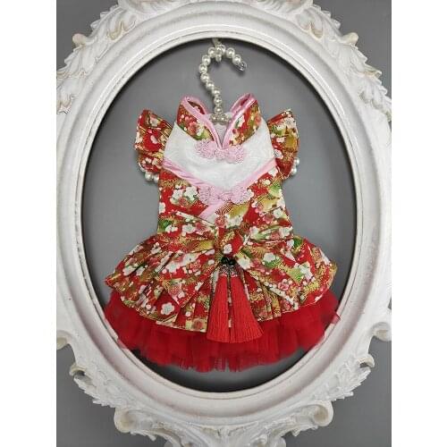 Handmade Dog Clothes Pet Dress Red Floral Japanese Style 2 Options For Spring Winter Cat Outfit Poodle Maltese Yorkie