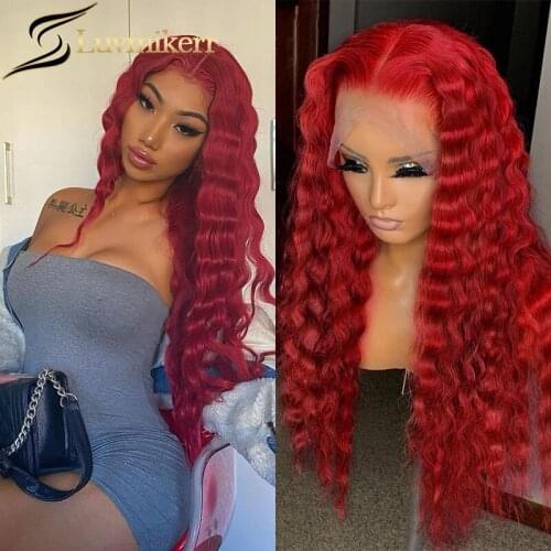 Red Colored Deep Wave 13x6 Hd Lace Frontal Wigs Human Hair Glueless Full Lace Transparent Front Wig Black Women Bleached Knots