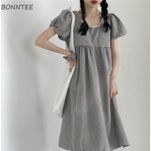 Dresses Women Lovely Japanese Style Students Plaid Simple Teen Clothing Straight Knee-length Folds Empire Leisure Harajuku Girl