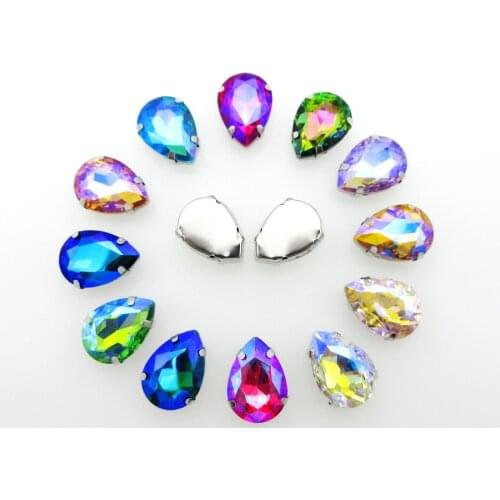 AB colors Silver claw settings 7 sizes glitter teardrop glass Crystal strass flatback sew on rhinestones shoes garment trim diy