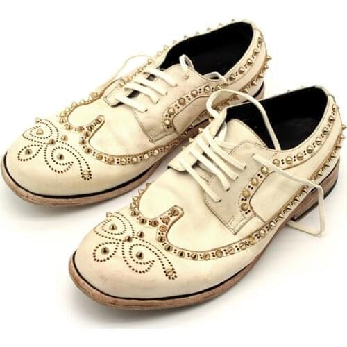 Luxury Handmade Genuine Leather Mens Derby Shoes 2020 New Runway Rivet Wing Tip Wedding Party Dress Shoes Retro Brogue Footwear