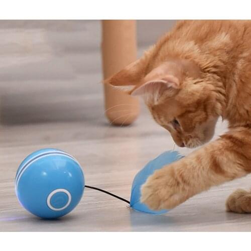 Smart Interactive Cat Toy 360 Degree Self Rotating Ball Pets Playing Toys Motion Activated USB Rechargable Pet Ball with Feather