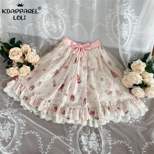 Vintage Lolita Style Skirts Sweet Girls Gothic Bowknot Lace Skirt Flamingo Printed Ruffles Shiny Mesh Tea Party Women Summer New
