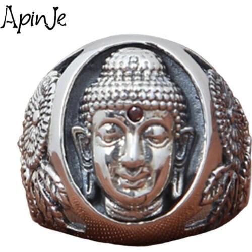 Apinje Vintage 925 Sterling Silver Ring Men And Women Buddha Statue Thai Silver Fashion Jewelry