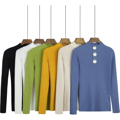 Half high collar knitted bottoming shirt long sleeve Pullover Sweater womens autumn winter new big button slim fit net red top