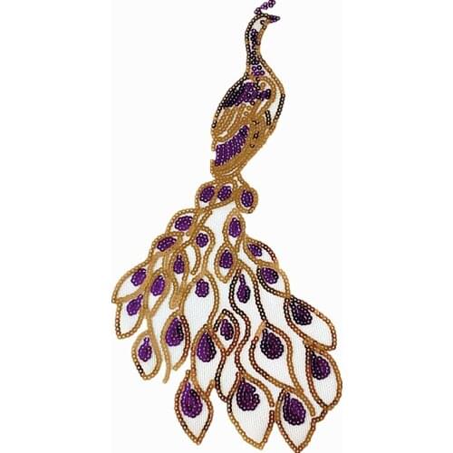 38CM Peafowl Iron On Patches for clothing Luxury Golden Sequins Strange Things Sequined Patch Clothes Stickers Large Biker Badge